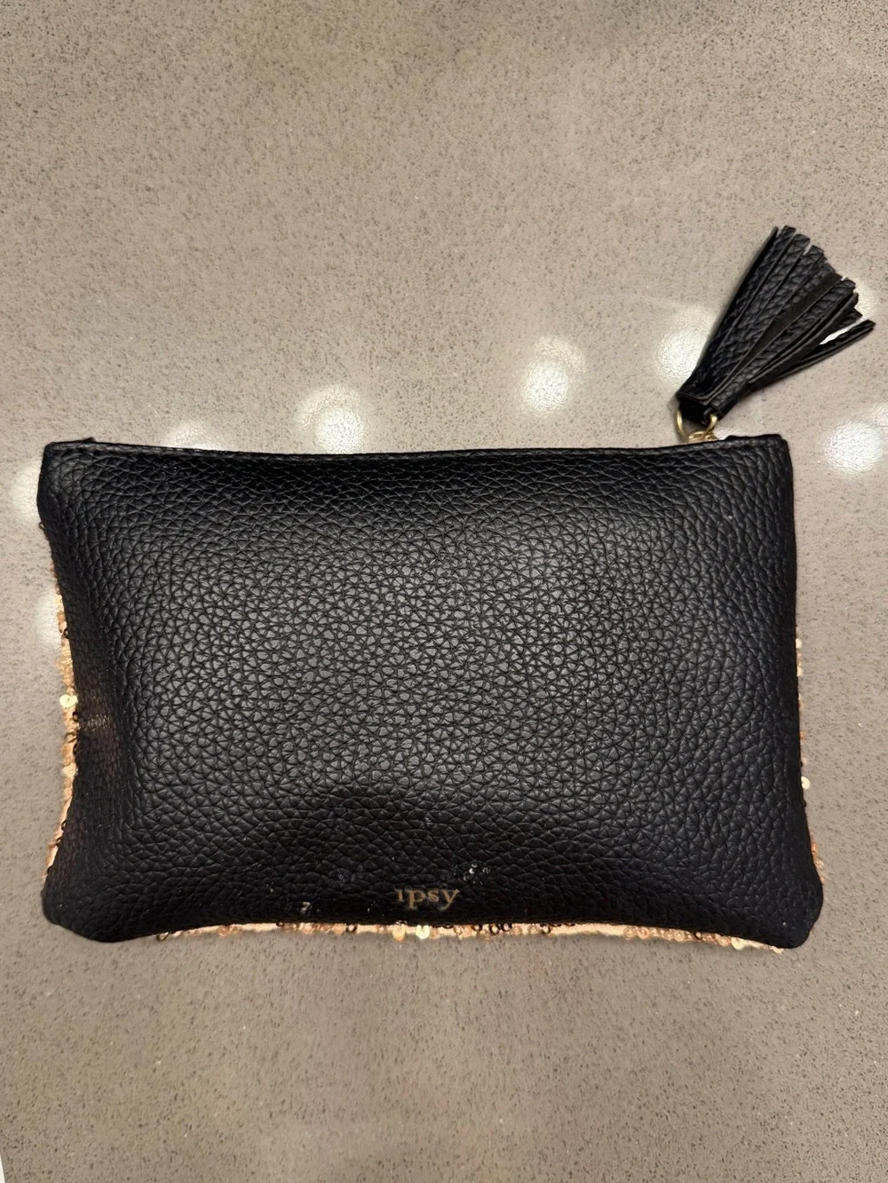 Ipsy Gold Sequin Black Faux Leather Tassel Makeup Bag Cosmetic Pouch Glam Clutch